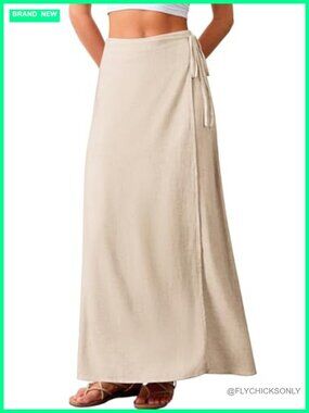 Linen Wrap Maxi Skirt Elastic Back Waistband Flowy A-Line Summer Casual Long
